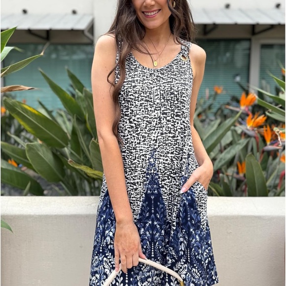 Blue and White Patterned Dress with Blue Floral Hem - Picture 1 of 4